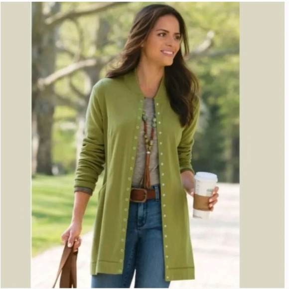 Soft Surroundings Northport Jacket Snap Button Up Long Green Cardigan Size L - Picture 2 of 9